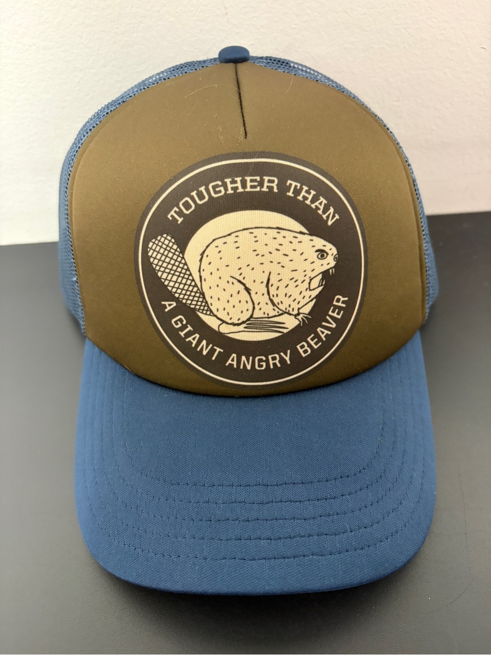 Duluth Teading Co “Tougher Than A Giant Angry Beaver” Blue &Brown Trucker Hat